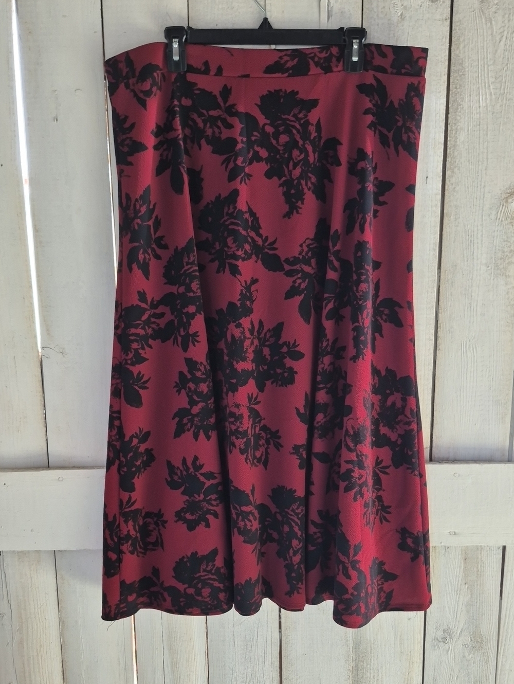 The Pyramid Collection Burgundy Midi Skirt with Black Floral Pattern